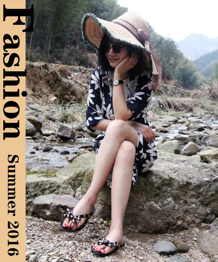 Ladies Leisure Waterproof Shoes Summer Zoris Slippers In Flats Clear Yellow Flip-Flops With Gold Stud Bow-Knot PVC Slides 36-42