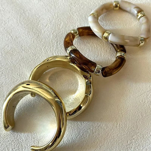 4pcs Vintage Stackable Resin Acrylic Bracelets for Women Bohemian Chunky Round Tube Beaded Elastic Bangle Bracelet Jewelry Gifts