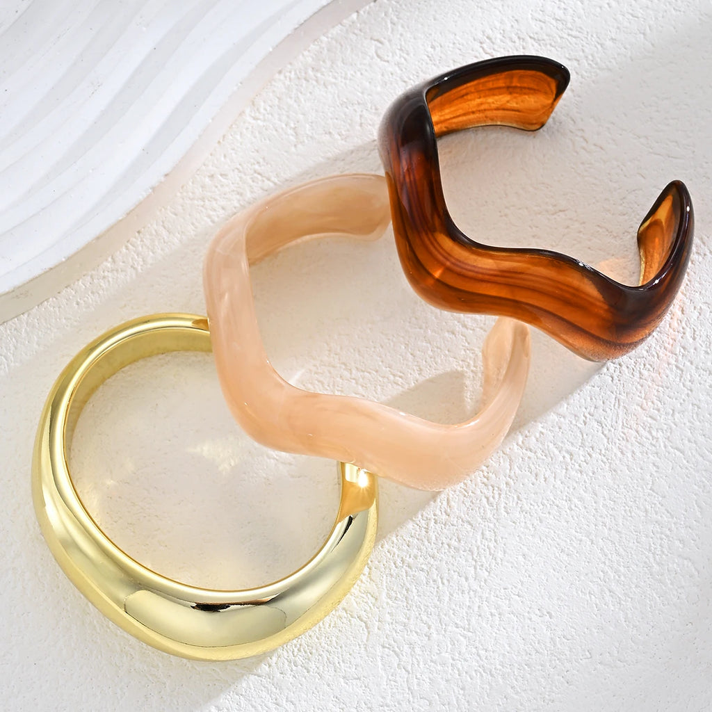3 Pcs Irregular Wavy Resin Metal Bangle Set For Women Open Cuff Bracelets Bohemian Beach Vacation Stackable Trendy Jewelry Gifts