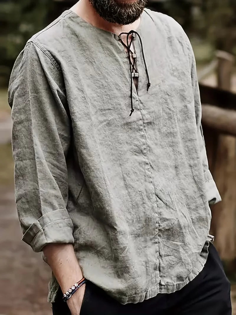 Men's Medieval Pirate Shirt - Historical Renaissance Faire Costume with V-Neck, Lace-Up Collar & Adjustable Drawstring Waist - L