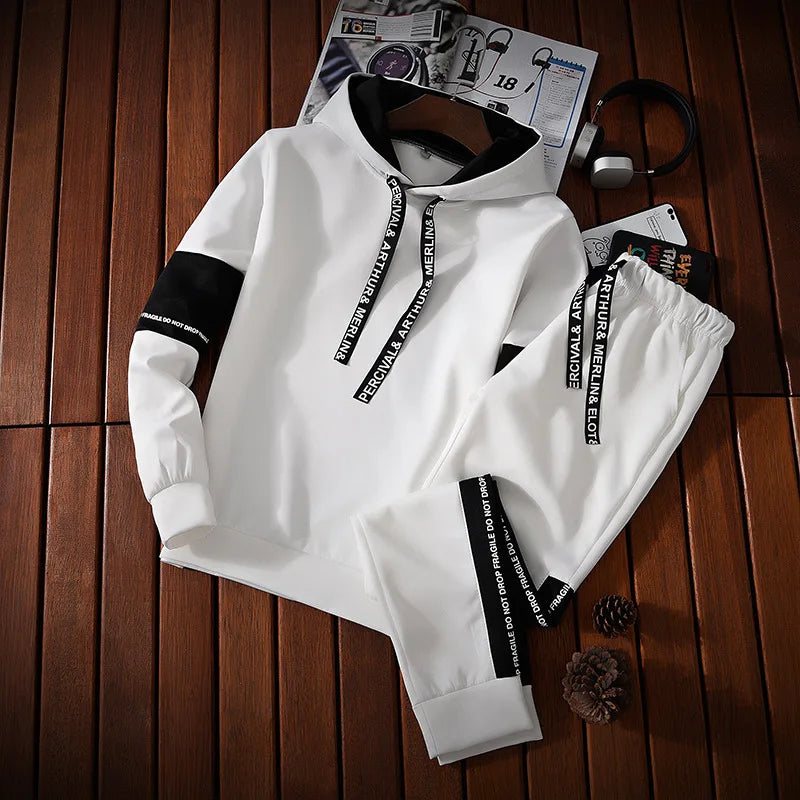 Autumn Unisex Korean Color Block Hooded Two Piece Tracksuit Letter Print Drawstring Hoodie Jogger Pants Loose Hip Hop Student Da