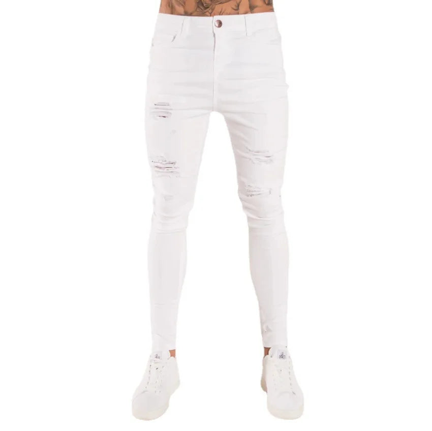 Men Jeans Knee Hole Ripped Stretch Skinny Denim Pants Solid Color Black Blue Autumn Summer Hip-Hop Style Slim Fit Trousers S-4XL