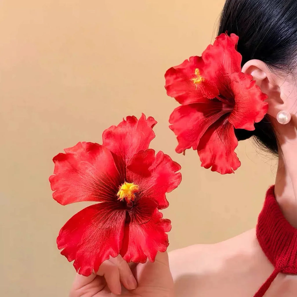 YJL 2pcs Hibiscus Flower Hair Side Clips Handmade Artificial Bohemian Floral Hairpin for Girls Beach Party Hair Accessories