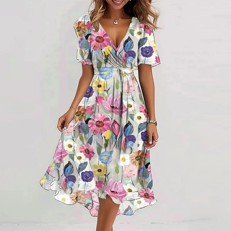 Elegant Floral Print Boho Party Dress Summer V Neck Short Sleeve Knee Length Vestidos BKLFZ-1616