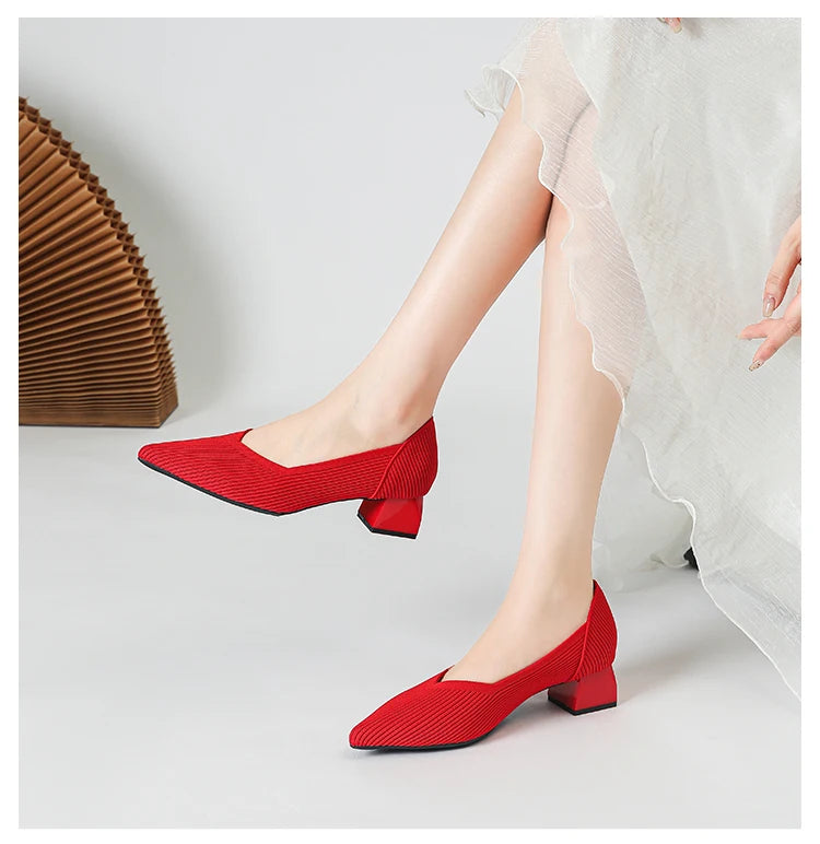 2026 New Women's High Heels Large 42/43 Fashion Pointed Anti slip Rubber Bottom Knitted Breathable Shoes
