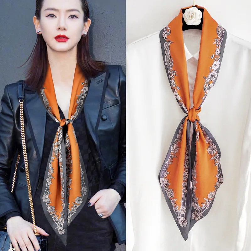 Fashion Blue Print Silk Scarf Women Soft Satin Horse Hairband Bevel Neckerchief Office Hijab Headband Foulard Bag Ribbons Gift