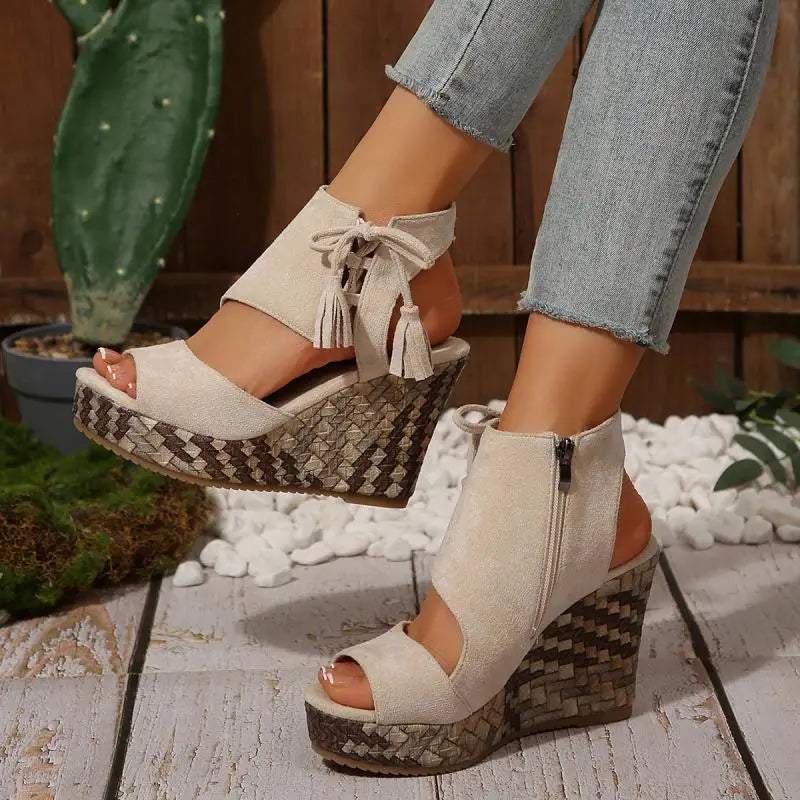 Bohemia Tassel Decoration Side Zip Sandals Women 2026 Summer Chunky Platform Wedge Heel Sandals Sexy Super High Heel Beach Shoes