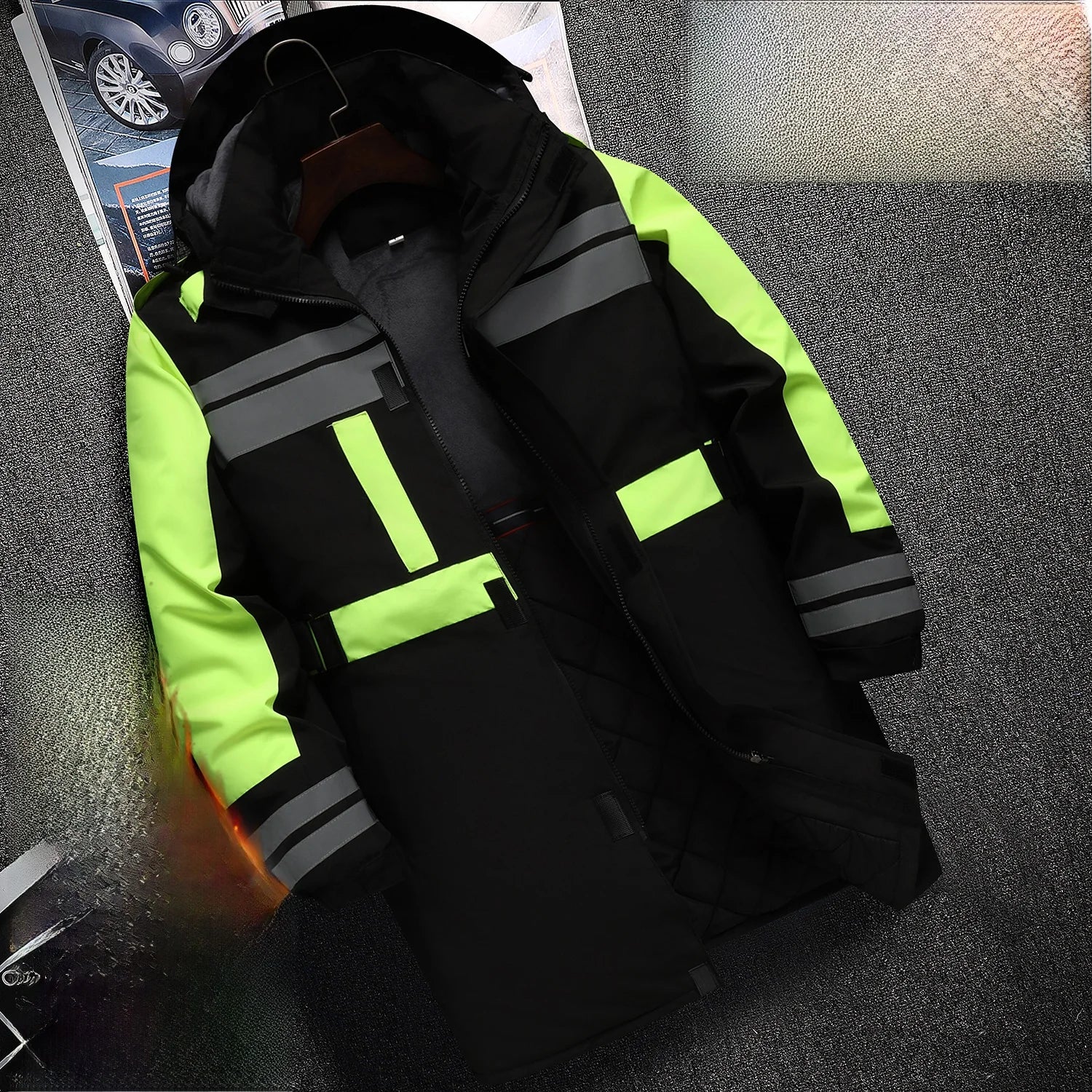 Thiened Fce Workwear Jaet ex Warm Windproof Reflective Cotton Coat Men's Casual Sle Removable Hat Zipper Closure