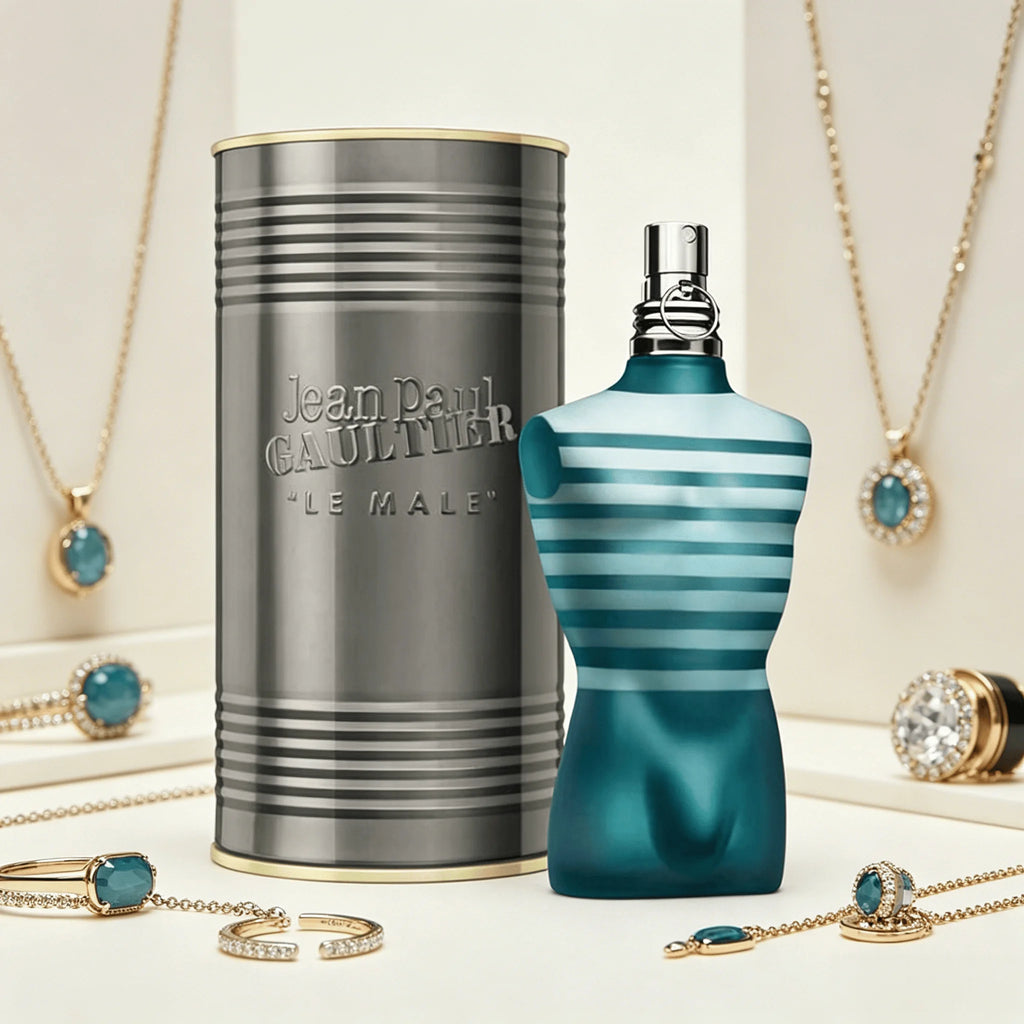 Jean Paul Gaultier Le Male Eau De Toilette 125ML With Original Silver Cylindrical Gift Box Long Lasting Fresh Mint Lavender Vanilla Woody Fragrance Men Perfume Matte Teal Striped Torso Bottle Silver Ring Cap Masculine Daily S