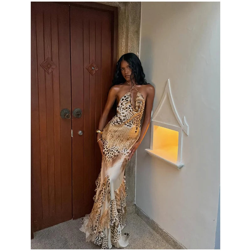 Women's Leopard Print Long Maxi Dress Halter Neck Plunge Front Tiered Ruffle Mermaid Skirt Elegant Party Cocktail Daily Gowns