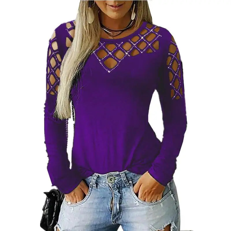 Women's Hollow Long Sleeve T-Shirt Top Glittering Drill Design  Color Fashionable European Style Ladies' Crew Neck Top