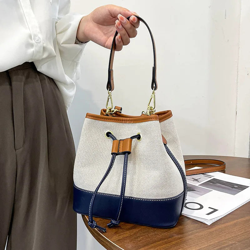 Canvas Bucket Bag Luxury Designer Handbags Women PU Shoulder Bag Fashion Crossbody Daily Commuting Tote Bag