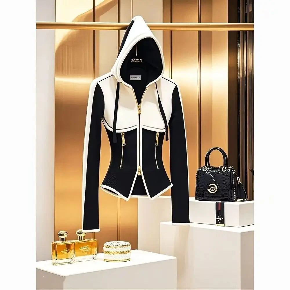 French Elegance White Black Patchwork Hooded Sweatshirt Women Jacket Waist 2025 Casual Office Lady High End Crop Top Zipper Coat