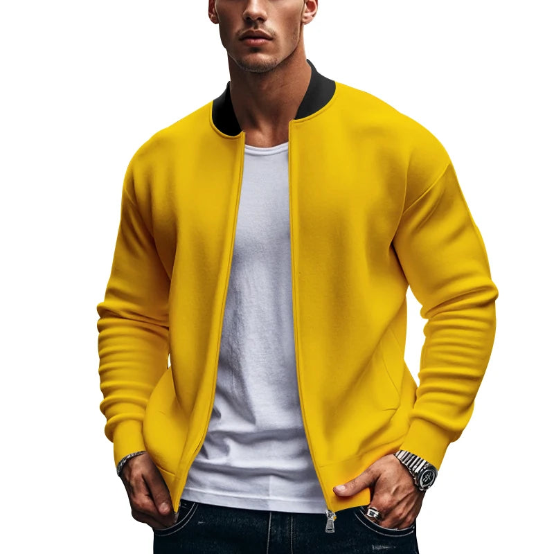 2024 New Spring And Autumn Men's Stand Collar Jacket Solid Color Leisure Sports Long Sleeve Zipper Coat Straight Tube Large Size