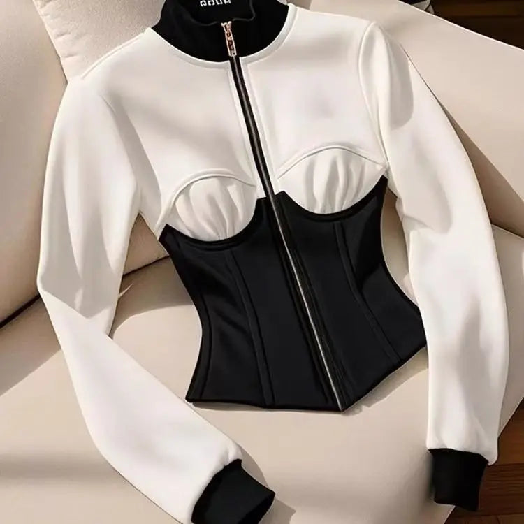 French Elegance White Black Patchwork Hooded Sweatshirt Women Jacket Waist 2025 Casual Office Lady High End Crop Top Zipper Coat