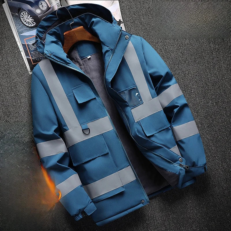 Thiened Fce Workwear Jaet ex Warm Windproof Reflective Cotton Coat Men's Casual Sle Removable Hat Zipper Closure