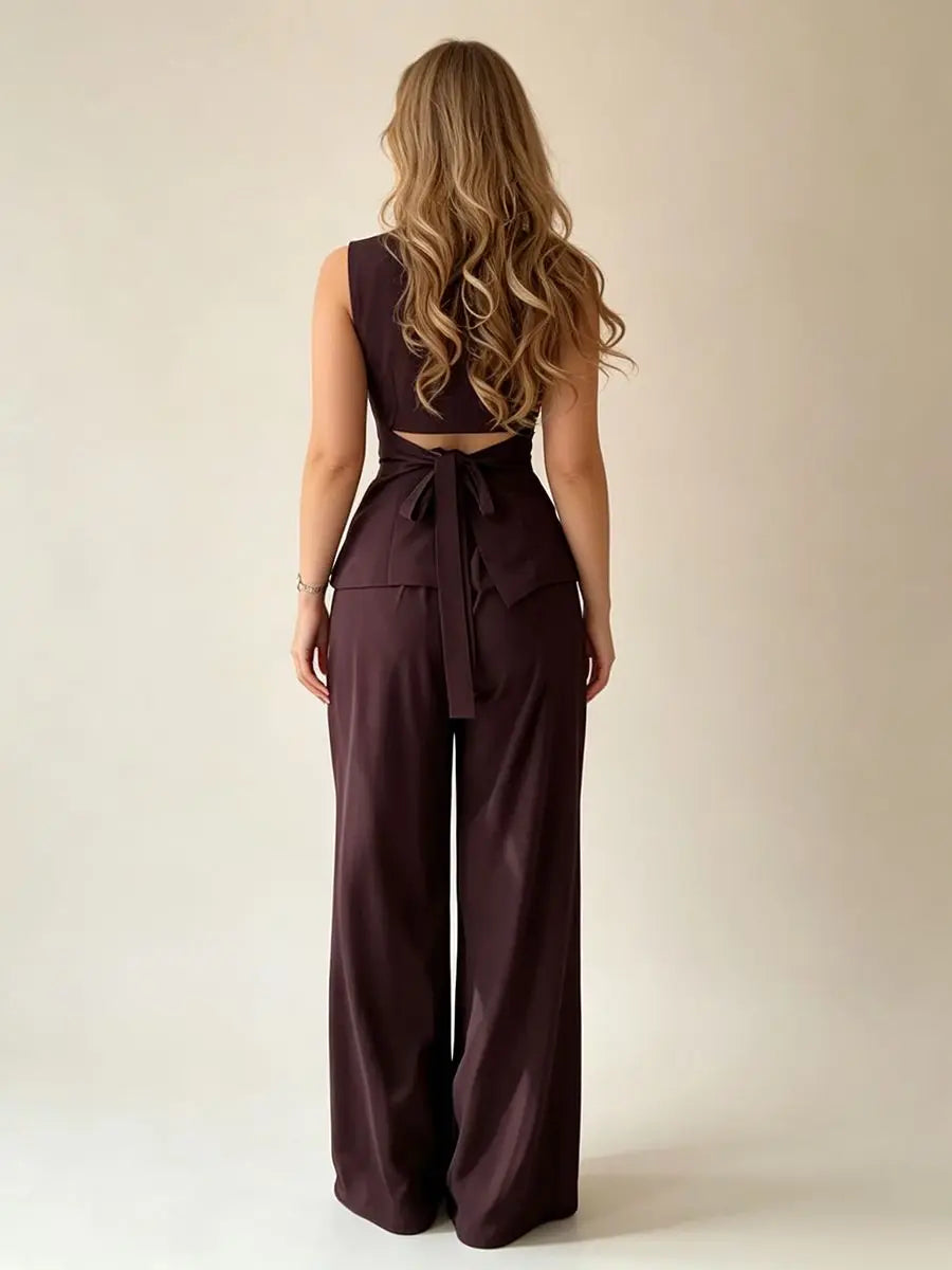 2026 Women Elegant Back Tie Sleeveless Peplum Top + Wide Leg Pants 2 Piece Casual Set