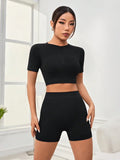 Women 2Pcs Gym Set Summer Short Sleeve Breathable Stretchy GYM Yoga Slim Fitness Active Top Quick Drying Cycling Set