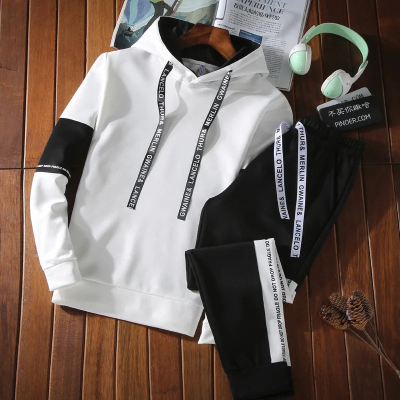 Autumn Unisex Korean Color Block Hooded Two Piece Tracksuit Letter Print Drawstring Hoodie Jogger Pants Loose Hip Hop Student Da