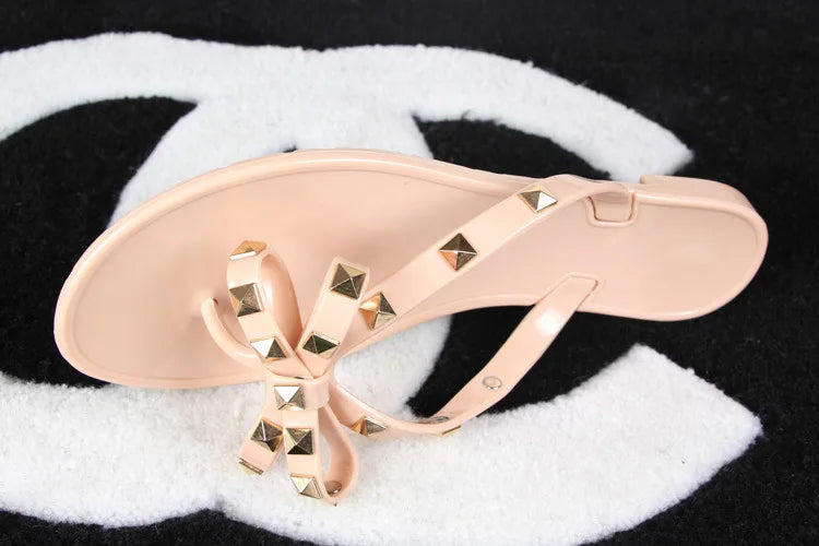Ladies Leisure Waterproof Shoes Summer Zoris Slippers In Flats Clear Yellow Flip-Flops With Gold Stud Bow-Knot PVC Slides 36-42