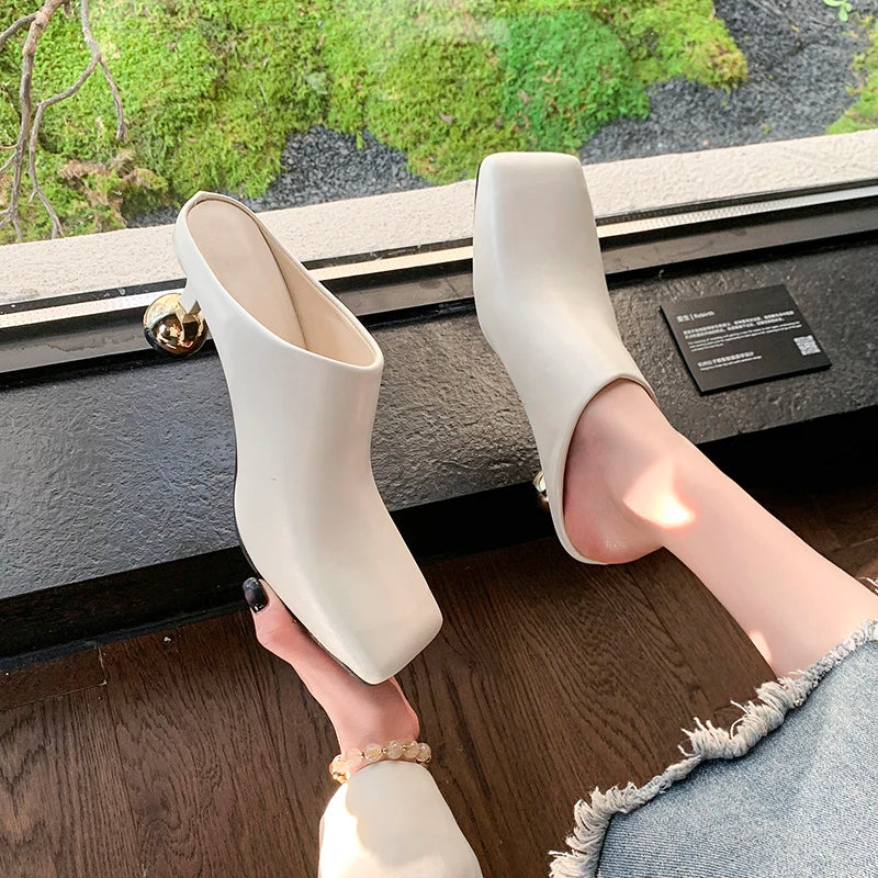 White Sheepskin Square Head Women's Slipper Baotou Textured Elegant Commuter Casual Simple Sense of Classic Wine Glass Heels New