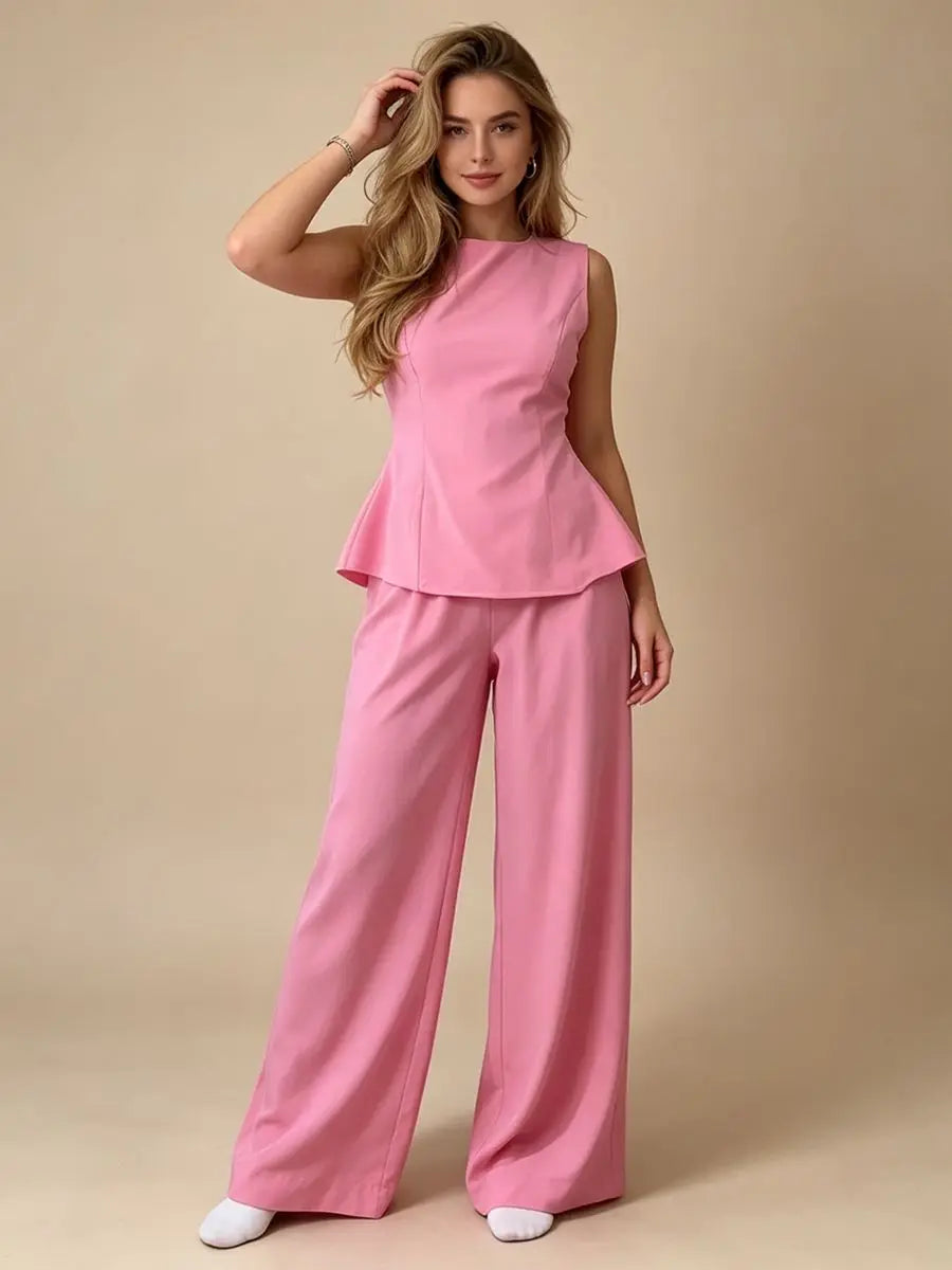 2026 Women Elegant Back Tie Sleeveless Peplum Top + Wide Leg Pants 2 Piece Casual Set