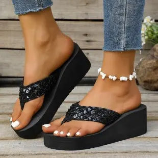 Summer Large Size Sequin Women's Sandals Open Toe Lightweight Outdoor Wear PU Upper Rubber Sole Comfortable Slip-On Shoes