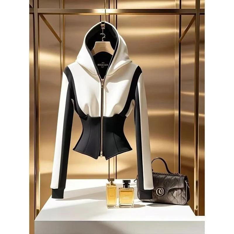 French Elegance White Black Patchwork Hooded Sweatshirt Women Jacket Waist 2025 Casual Office Lady High End Crop Top Zipper Coat
