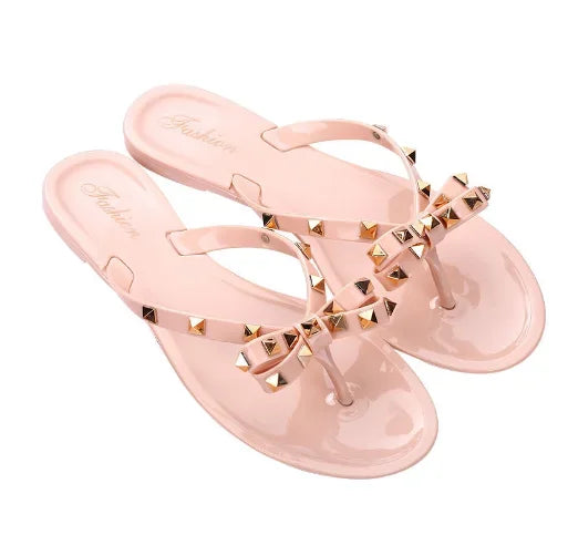 Women Low Pricing  Jelly Shoes Rivets Studs Bow-Knot Leisure Daily Flip-Flops For Raining Days Anti-Slip Flat Slippers Zoris 36