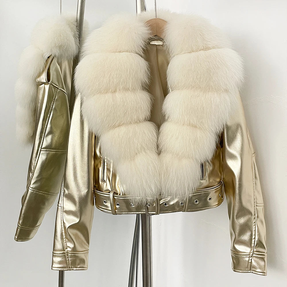 Elegant Faux Leather Jacket Female New Natural Fox Fur Autumn Short Top Clothing PU Women Long Sleeve Fake Leather Real Fur Coat