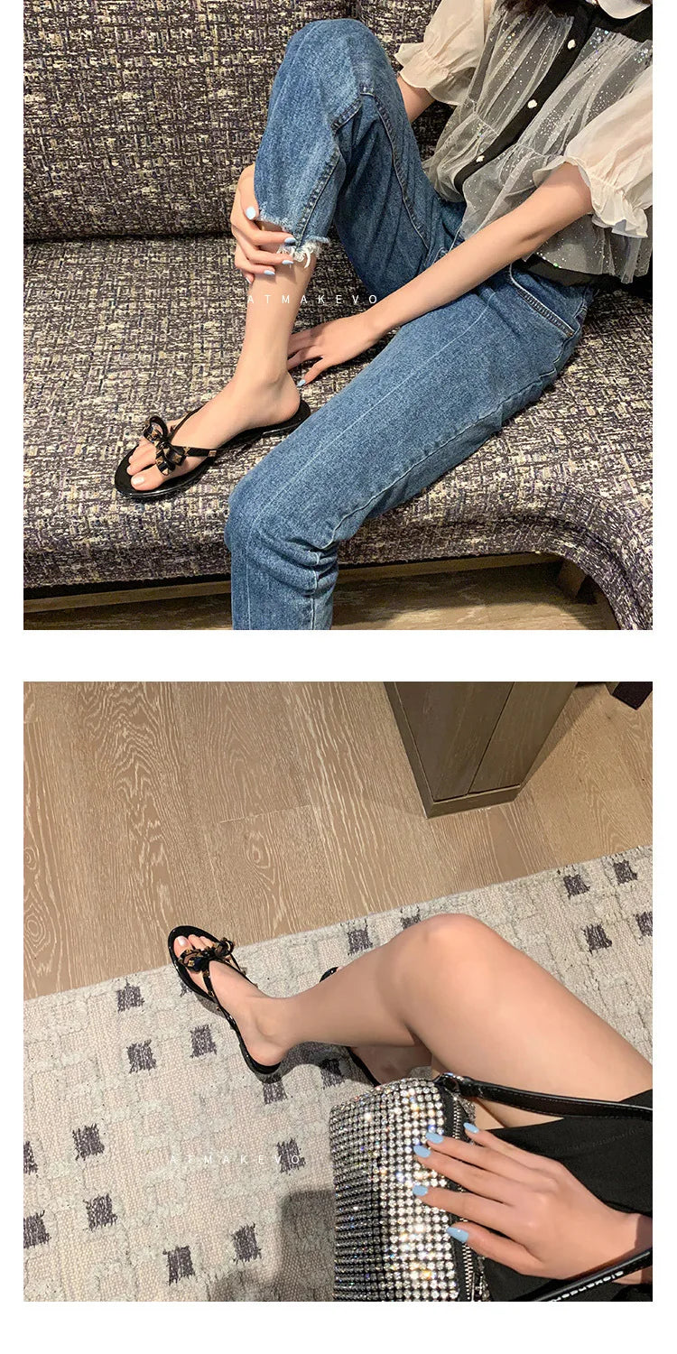 Ladies Leisure Waterproof Shoes Summer Zoris Slippers In Flats Clear Yellow Flip-Flops With Gold Stud Bow-Knot PVC Slides 36-42