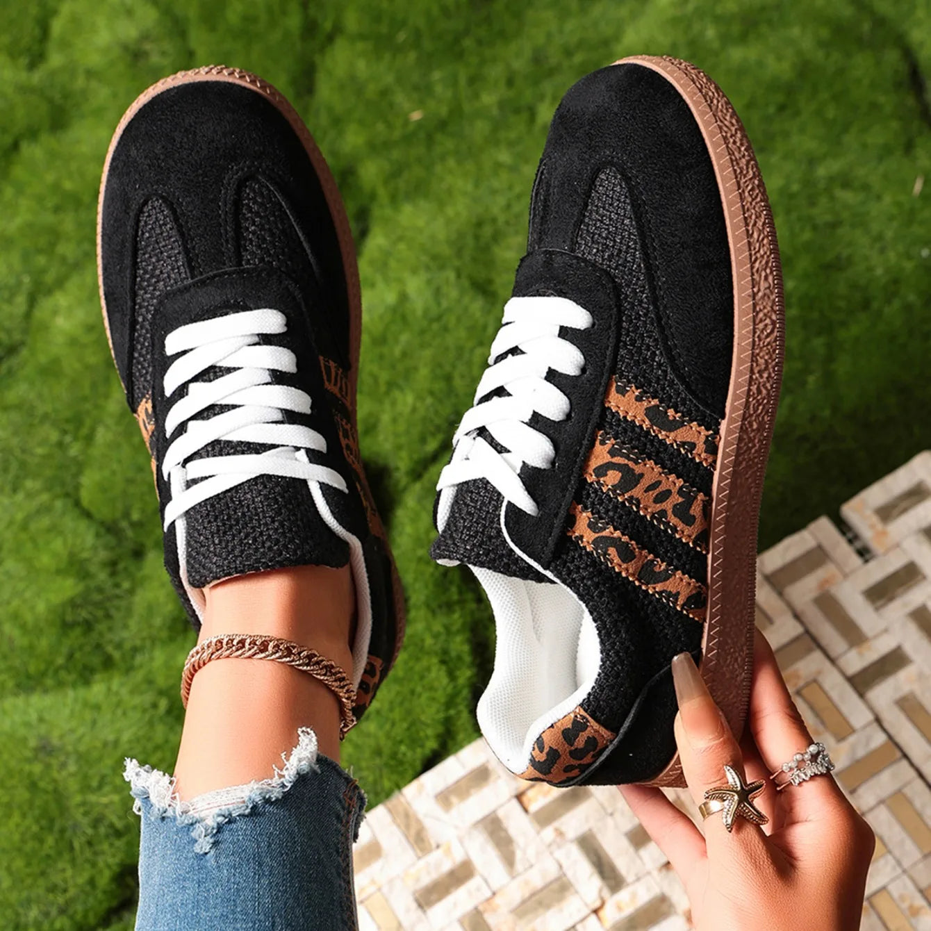 Women Sneakers 2026 New Fashion Leopard Striped Designer Shoes Lace Up Soft Soled Loafers Casual Comfortable Female Sneakers