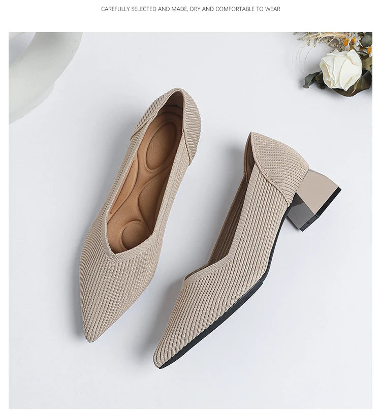 2026 New Women's High Heels Large 42/43 Fashion Pointed Anti slip Rubber Bottom Knitted Breathable Shoes