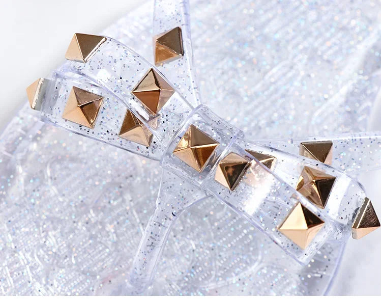 Women Low Pricing  Jelly Shoes Rivets Studs Bow-Knot Leisure Daily Flip-Flops For Raining Days Anti-Slip Flat Slippers Zoris 36