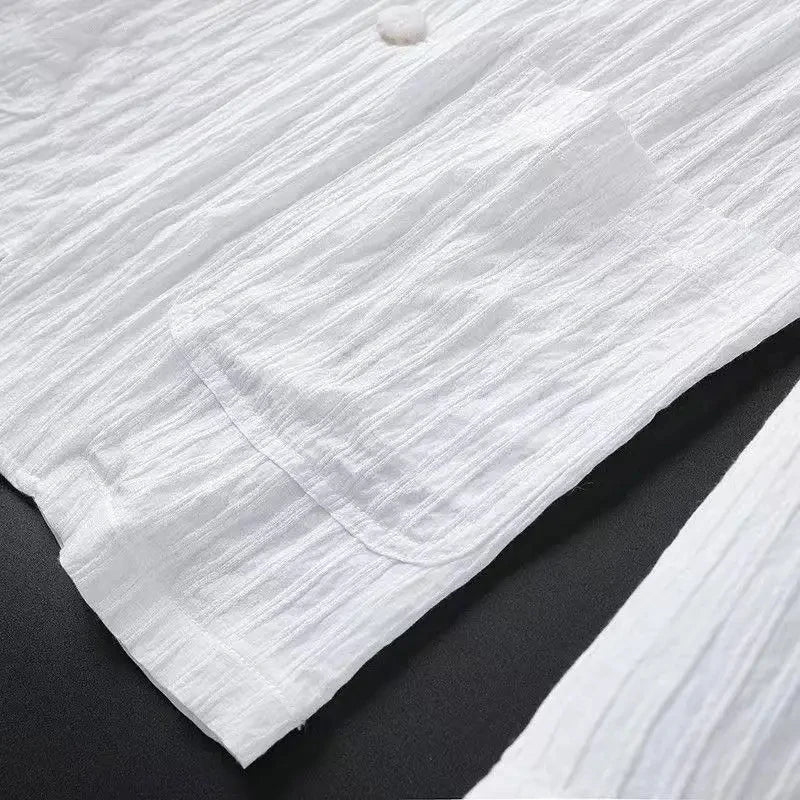 2026 Spring Summer Men 2 Piece Textured Business Suit White Lightweight Vest Jacket Elastic Waist Pants Office Casual Outfit