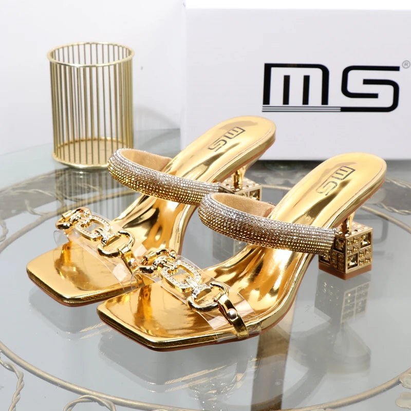 Women's slippers 2026 summer fashion Transparent belt metal decoration box shaped square Alien heel high heels wearing sandals