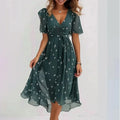 Elegant Floral Print Boho Party Dress Summer V Neck Short Sleeve Knee Length Vestidos BKLFZ-1616