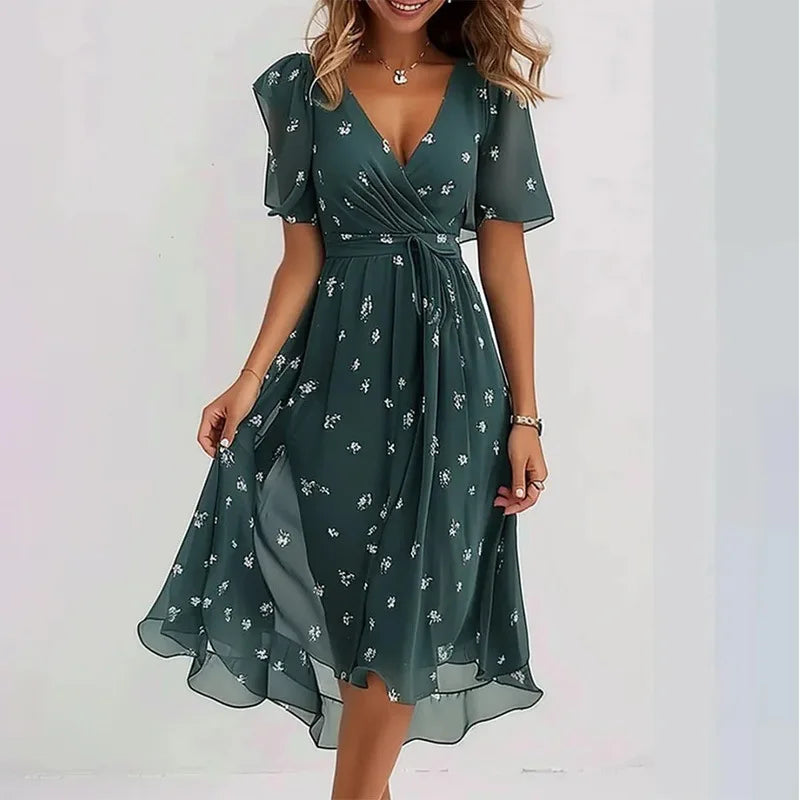 Elegant Floral Print Boho Party Dress Summer V Neck Short Sleeve Knee Length Vestidos BKLFZ-1616