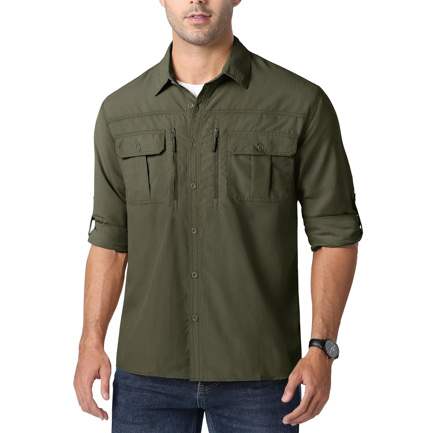 MAGCOMSEN Men UPF 50+ Safari Cargo Shirt Quick Dry Mesh Breathable Long Sleeve Zip Pockets Outdoor Hiking Fishing Work Tops