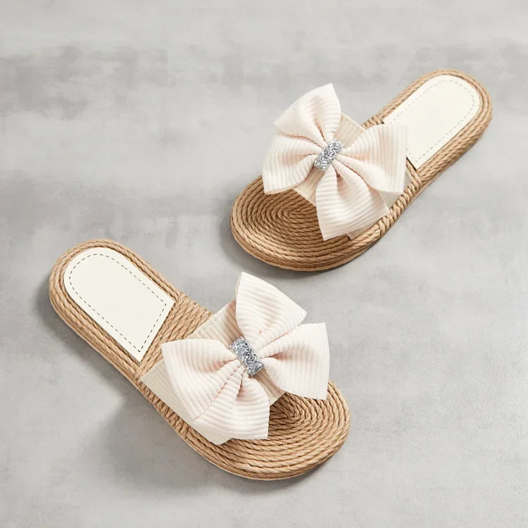 Female Summer Slippers Artificial Straw Sole Shoes Lady Summer Indoor Flat with Flip Flops Stitching Floral Women Slippers