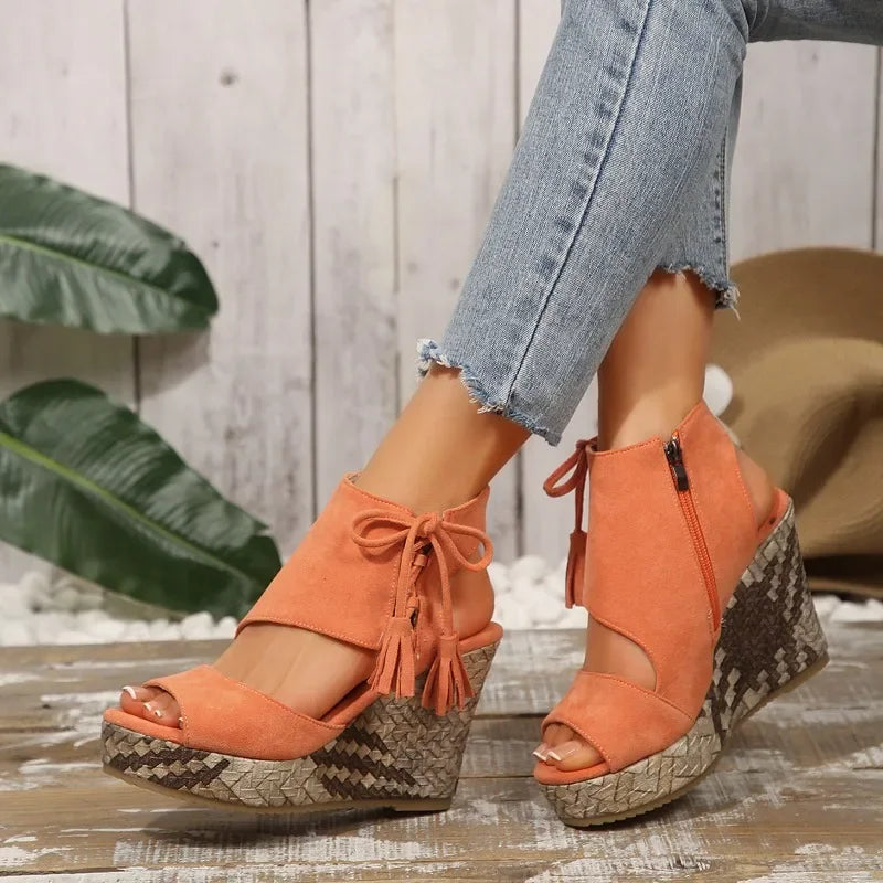 2025 Summer Suede Leather Women's Thicken High Heels Hollow Out Sandals Sexy Elegant Platform Wedges Open Toe Ladies Shoes