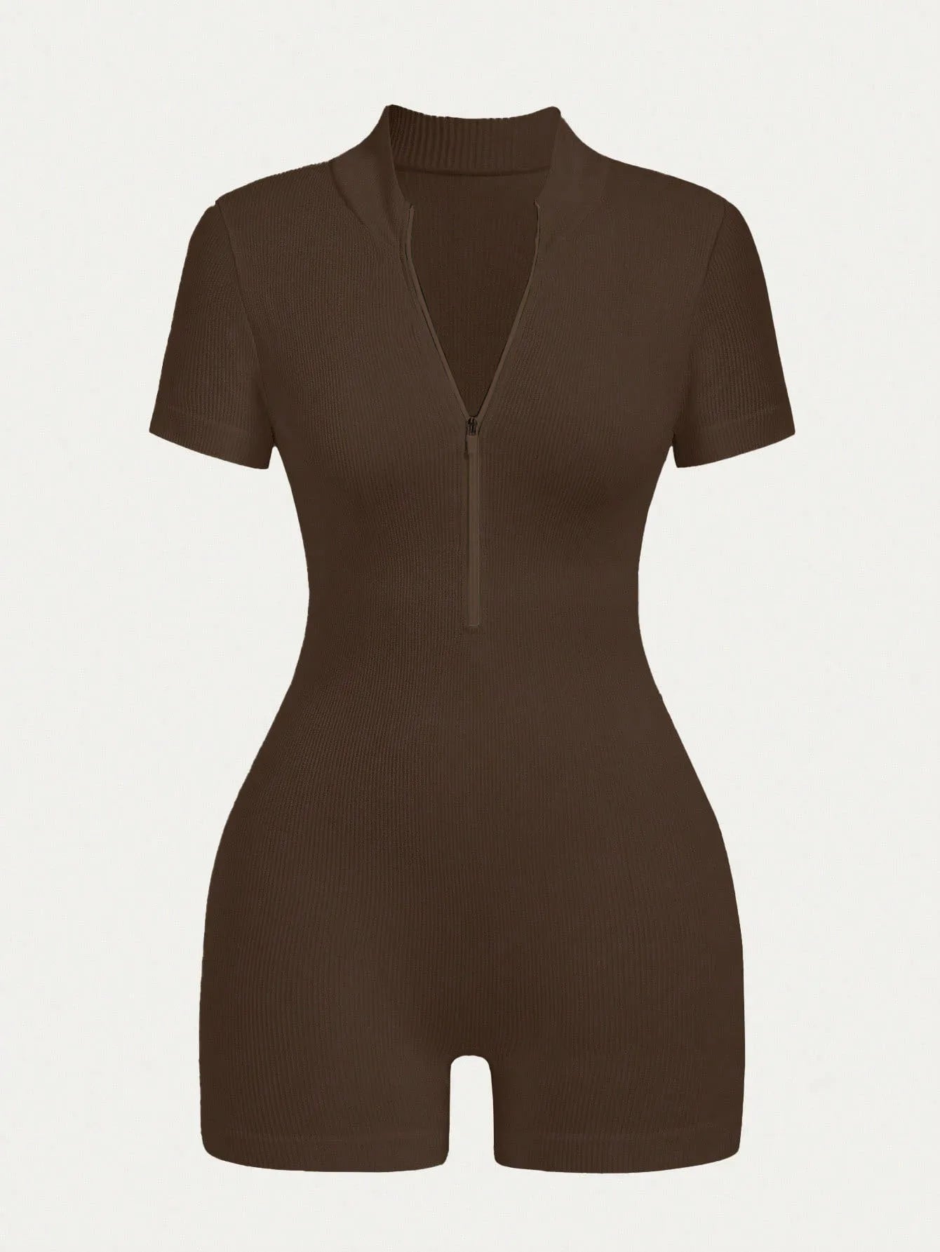 Women's Solid Color Half Zip Ribbed Knit Short Sleeve Romper Sports Soft Slim Fit Mock Neck Jumpsuit Streetwear 2025 Summer