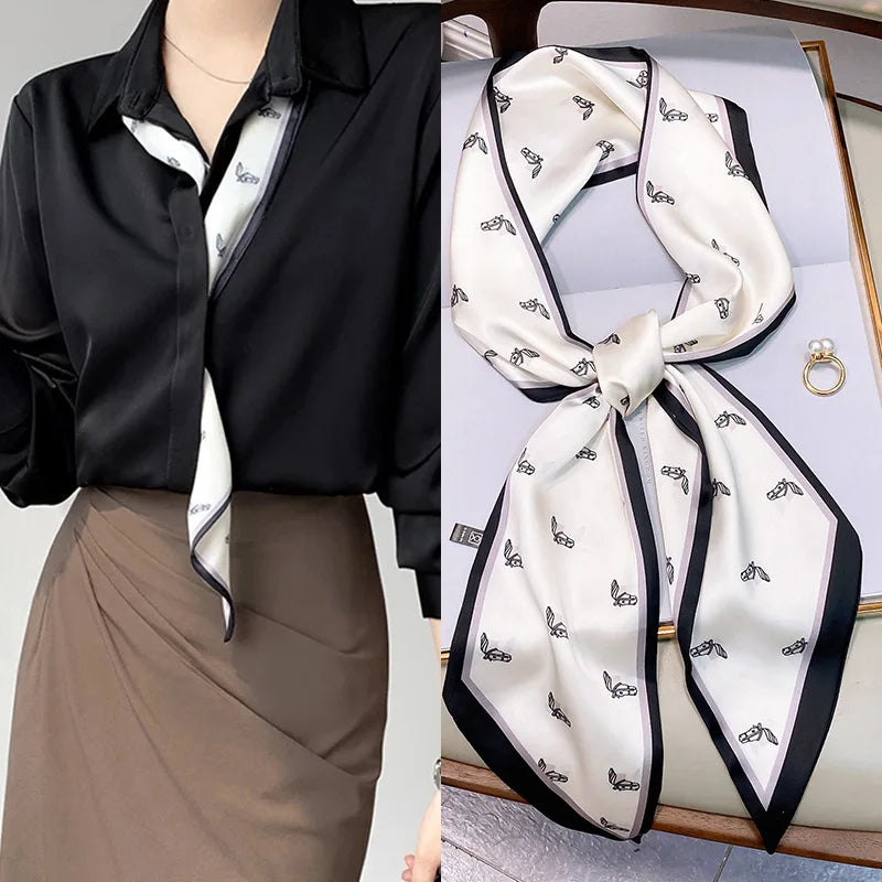 Fashion Blue Print Silk Scarf Women Soft Satin Horse Hairband Bevel Neckerchief Office Hijab Headband Foulard Bag Ribbons Gift