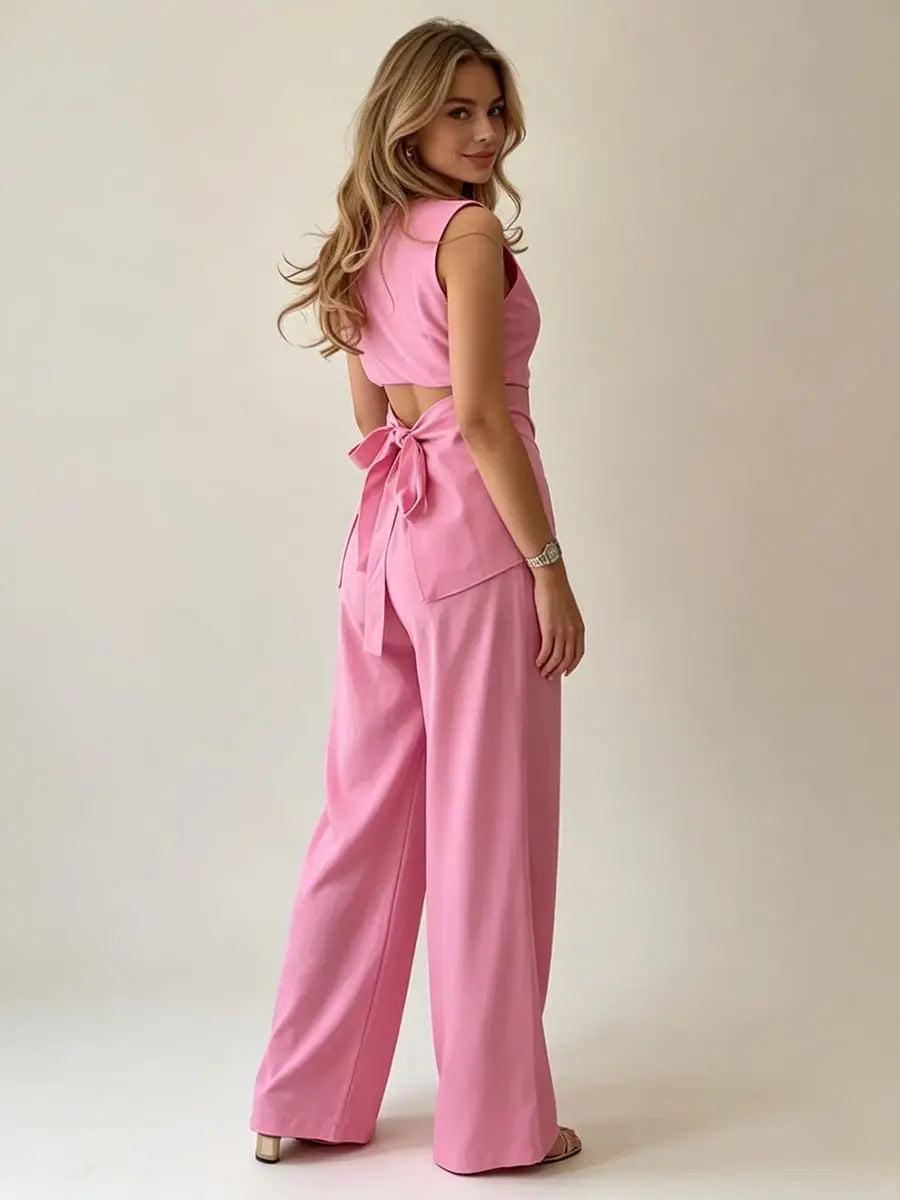 2026 Women Elegant Back Tie Sleeveless Peplum Top + Wide Leg Pants 2 Piece Casual Set