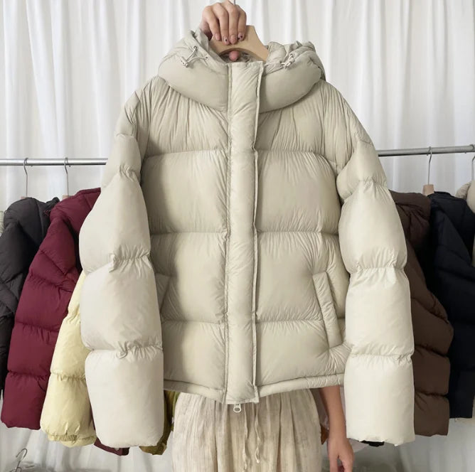 Down jacket women's 2025 winter new short hooded new national standard white duck down bread jacket, puff light luxury jacket
