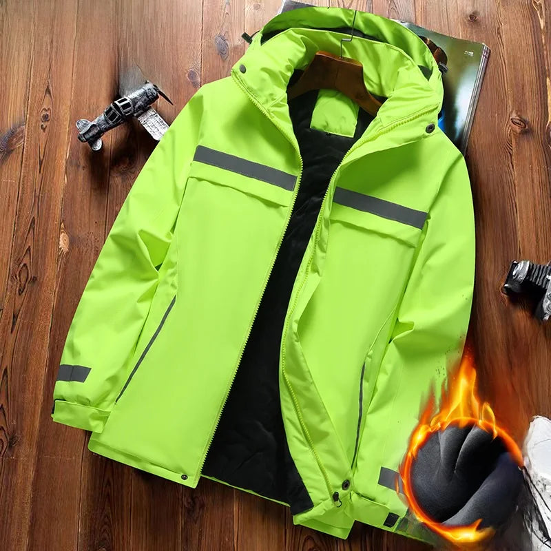 Thiened Fce Workwear Jaet ex Warm Windproof Reflective Cotton Coat Men's Casual Sle Removable Hat Zipper Closure