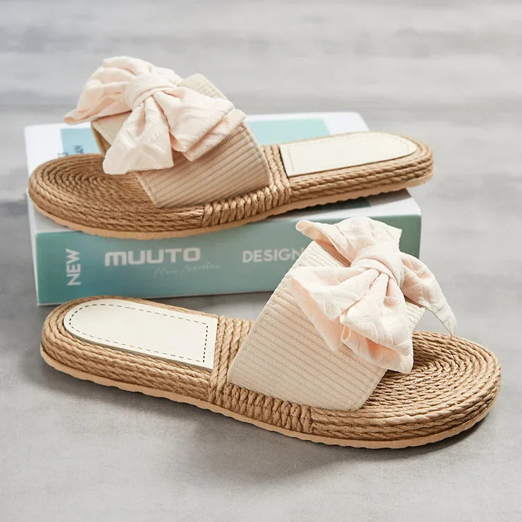 Female Summer Slippers Artificial Straw Sole Shoes Lady Summer Indoor Flat with Flip Flops Stitching Floral Women Slippers