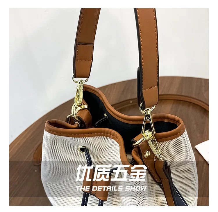 Canvas Bucket Bag Luxury Designer Handbags Women PU Shoulder Bag Fashion Crossbody Daily Commuting Tote Bag