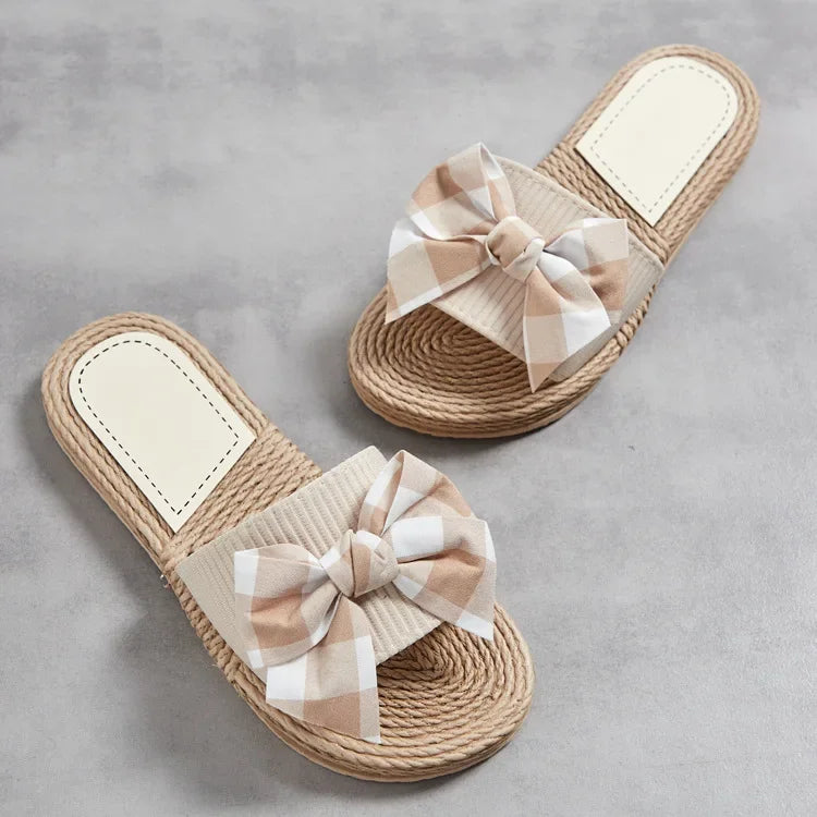 Female Summer Slippers Artificial Straw Sole Shoes Lady Summer Indoor Flat with Flip Flops Stitching Floral Women Slippers