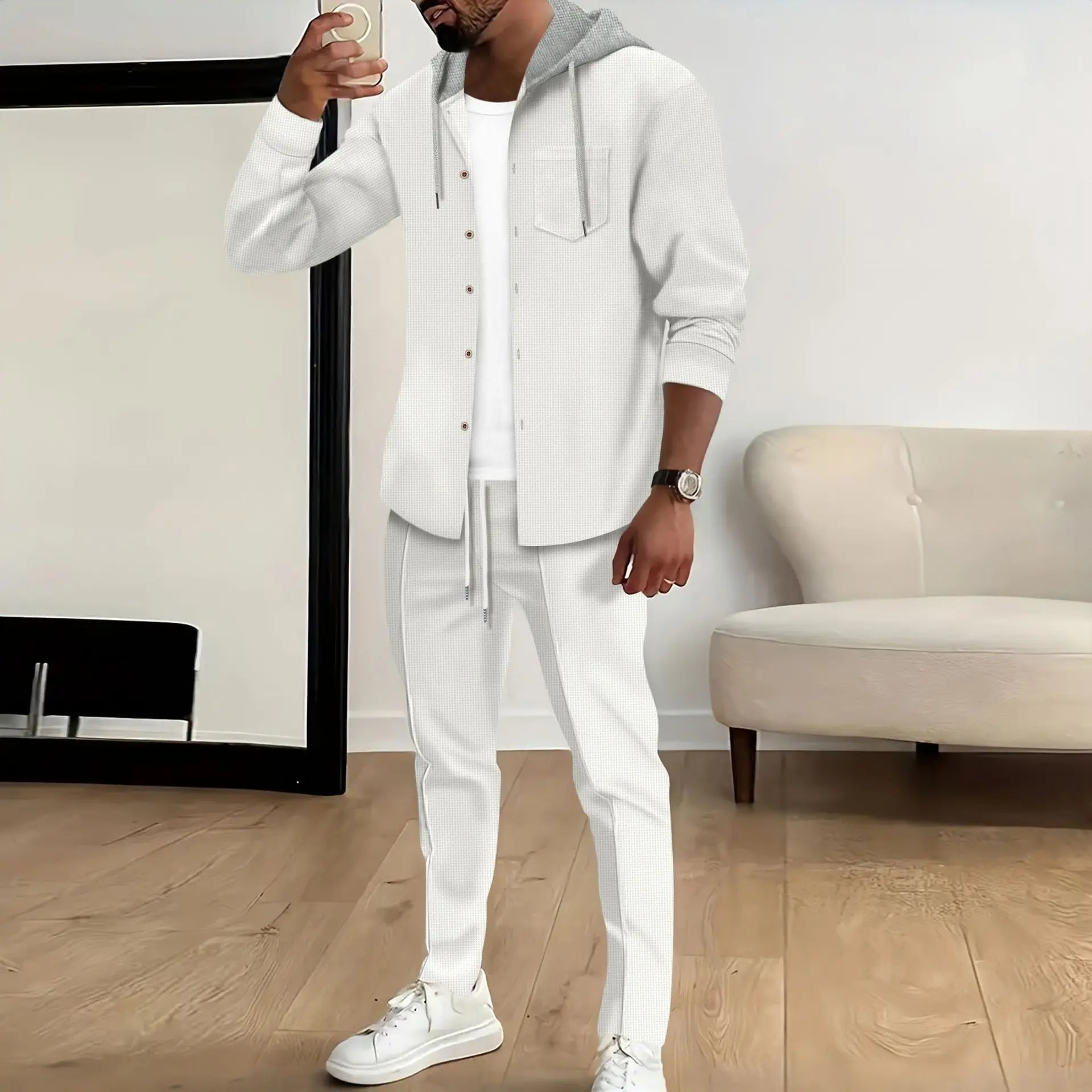 Spring and Autumn New Waffle Men's Casual Slim-Fit Hooded Long-Sleeved Cardigan Matching Color Fashion High Quality Tracksuit Pa